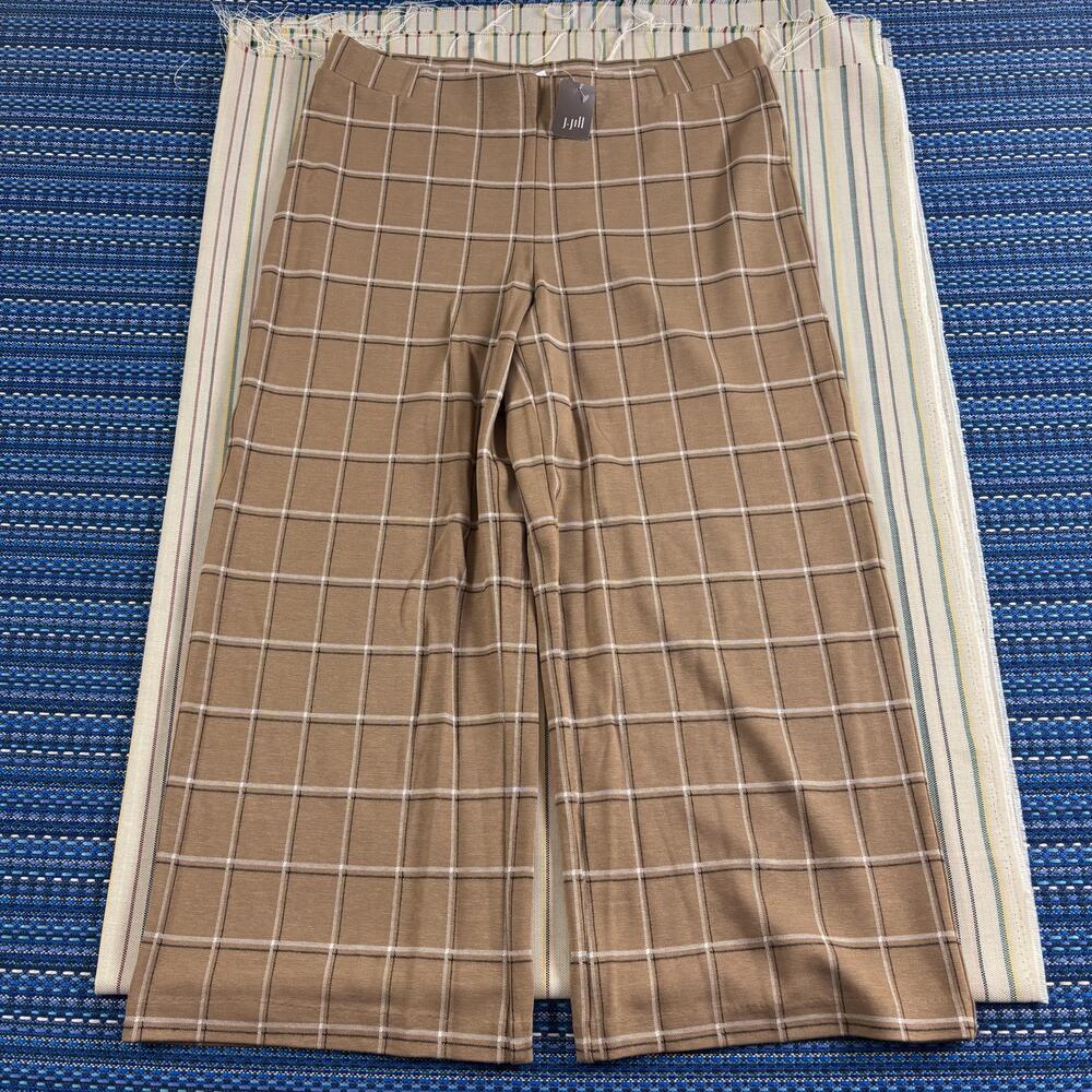 NEW J. Jill Pants Womens Large Brown Plaid Ponte Wide Full-Leg Cropped Pull On - Picture 2 of 12